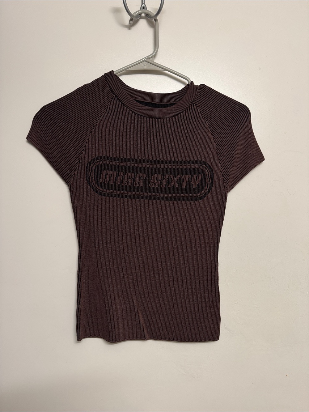 Miss Sixty Short-Sleeve Ribbed Knit Top in Dark Brown